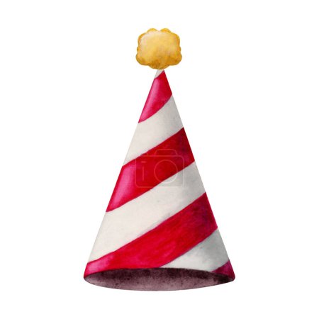 Foto de Fiesta de cumpleaños rojo rosa rayas sombrero con pompón amarillo acuarela ilustración aislada sobre fondo blanco. - Imagen libre de derechos