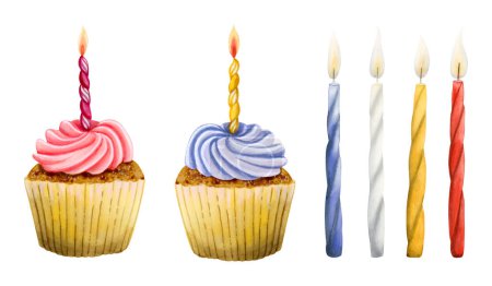 Photo for Kids birthday cupcakes in blue and pink with candles watercolor illustration set isolated on white background for holiday cards, posters or invitations. - Royalty Free Image