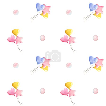 Foto de Pastel rosa, lavanda azul y amarillo globos de aire ramos de acuarela patrón sin costuras en blanco para los niños fiesta de cumpleaños y papel de regalo. - Imagen libre de derechos