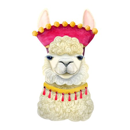 Foto de Acuarela lindo lama alpaca con decoraciones tradicionales de Perú y accesorios ilustración de dibujos animados en colores rosados rojos para tarjeta de felicitación de cumpleaños, póster e invitaciones. - Imagen libre de derechos