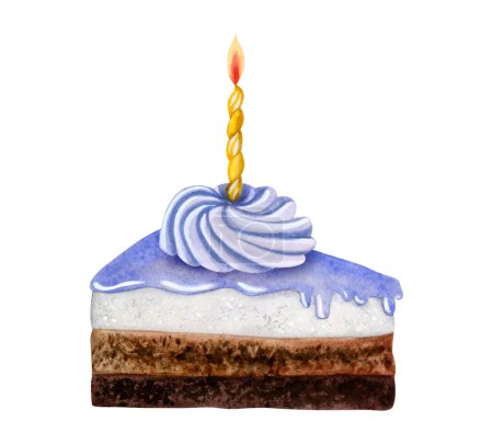 Téléchargez les photos : Tranche de gâteau au chocolat bleu pastel avec crème fouettée et bougie brûlante pour les garçons anniversaire aquarelle isolée illustration de pâtisserie pour cartes et invitations. - en image libre de droit