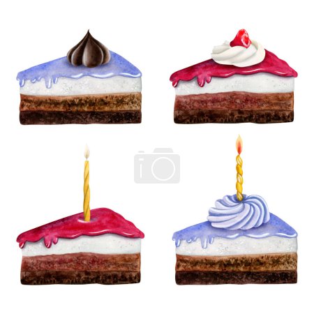 Foto de Piezas de pastel de cumpleaños de chocolate con esmalte rojo y azul pastel y diferentes coberturas y velas set de ilustración de acuarela aislado sobre fondo blanco para invitaciones y tarjetas de fiesta. - Imagen libre de derechos
