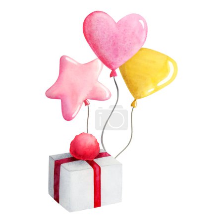 Foto de Caja de regalo roja con globos rosados y amarillos ilustración de acuarela aislada sobre fondo blanco con regalo para bebé niña tarjeta de fiesta de cumpleaños. - Imagen libre de derechos