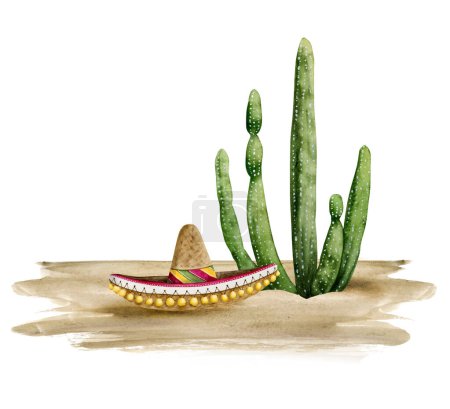Photo for Desert cactus Saguaro and sombrero hat laying on sand watercolor illustration isolated on white background. Mexican nature scene. - Royalty Free Image