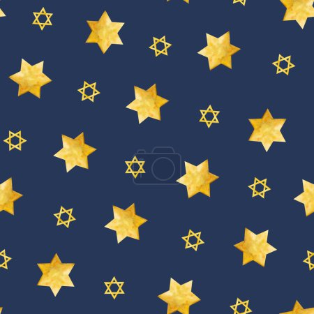 Téléchargez les photos : Étoiles d'or de David sur ciel nocturne bleu foncé aquarelle motif sans couture. Contexte pour Hanoukka et le papier d'emballage des fêtes juives, textile, tissu et emballage. - en image libre de droit