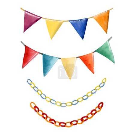 Photo for Watercolor festive flags and paper garlands illustration set with yellow, blue, red, green decor for party and holiday celebration isolated on white background. - Royalty Free Image