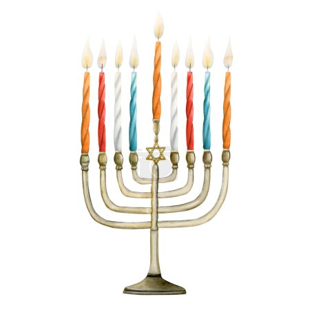 Foto de Acuarela Hanukkah menorah con velas ilustración para tarjetas de felicitación Janukkah y diseños judíos vacaciones tradicionales de invierno, hunukkiya dibujado a mano. - Imagen libre de derechos