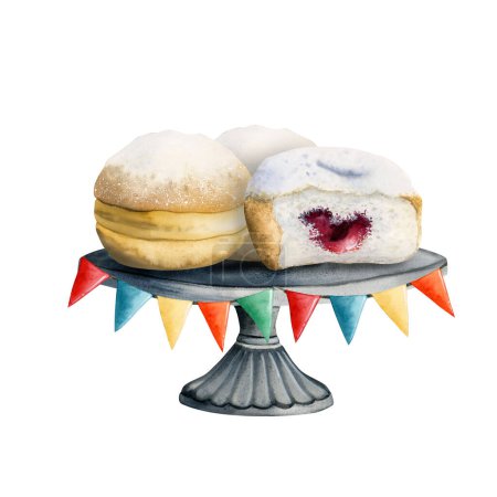 Téléchargez les photos : Aquarelle colorée Hanoukka beignets sur le stand de gâteau avec des drapeaux de fête festive isolé sur fond blanc, nourriture traditionnelle juive Chanouka. - en image libre de droit