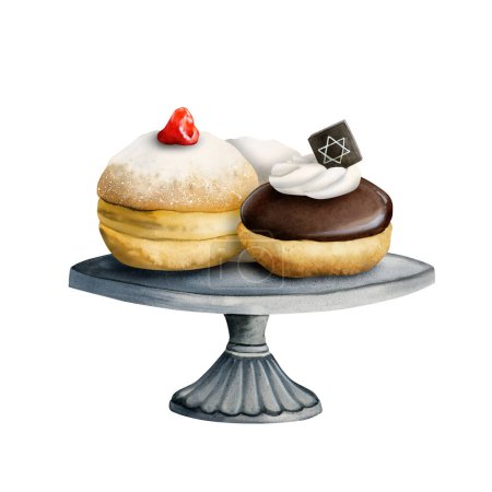 Photo for Sweet Hanukkah donuts for greeting cards, festival decoration for Jewish holiday. Sufganiyot jelly doughnuts , chocolate coated on a cake stand. - Royalty Free Image