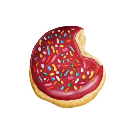 Foto de Donut acristalado rojo acuarela con chispas de colores. Ilustración realista dibujada a mano aislada sobre fondo blanco. Vista superior, mordida, deliciosa. Para panadería, diseños de cafeterías - Imagen libre de derechos