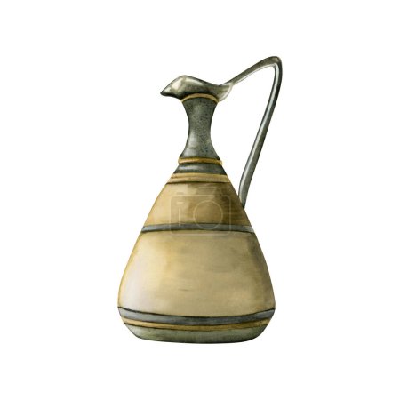 Téléchargez les photos : Pot en céramique vintage d'huile d'olive, symbole Hanoukka de miracle. Illustration aquarelle dans un style rétro réaliste. Isolé sur fond blanc. - en image libre de droit