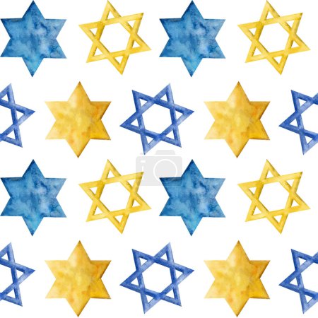 Photo for Star of David watercolor seamless pattern for Hanukkah and other Jewish holidays. Blue, yellow gold colors. For wrapping paper, fabrics, polygraphy. - Royalty Free Image