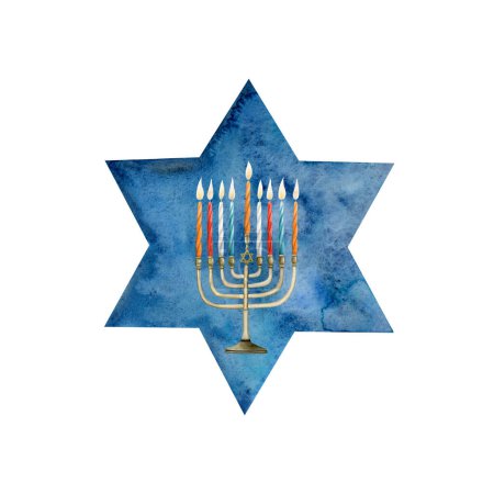 Foto de Acuarela Hanukkah ilustración con símbolos navideños, menorá con velas multicolores en la estrella azul de David. - Imagen libre de derechos