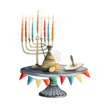 Photo for Traditional Hanukkah Jewish symbols and attributes of the holiday, menorah, dreidel, coins, olive oil jug with festive flags. Hand drawn watercolor illustration - Royalty Free Image