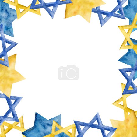 Téléchargez les photos : Gabarit design carré avec étoiles traditionnelles Hanoukka od David en or bleu et jaune. Illustration aquarelle dessinée à la main. - en image libre de droit
