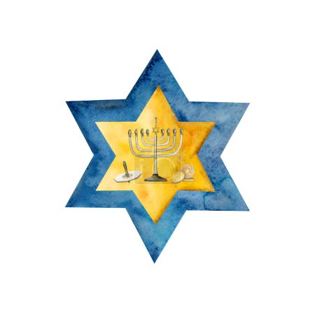 Photo for Watercolor Hanukkah illustration with holiday symbols, menorah, dreidel, coins on blue and gold star of David. - Royalty Free Image
