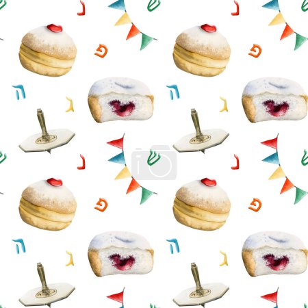 Photo for Israel Hanukkah seamless pattern with traditional donuts and dreidels for festive tableware, party designs, gift paper. - Royalty Free Image