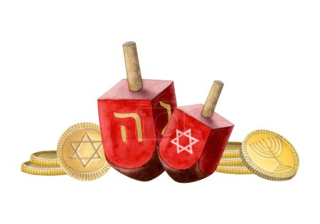 Foto de Hanukkah símbolos de vacaciones, dreidels rojos y monedas de oro gelt acuarela ilustración aislada sobre fondo blanco. Dibujado a mano Janukkah sevivons bandera horizontal. - Imagen libre de derechos