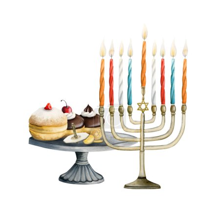 Photo for Jewish holiday Hanukkah symbols with menorah, candles, dreidel, traditional donuts. Best for Hanuka greeting card and web designs - Royalty Free Image