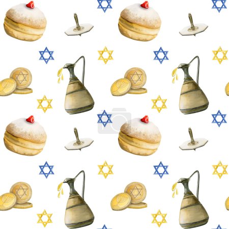 Photo for Hanukkah symbols watercolor seamless pattern on white background with hand drawn holiday donuts, dreidel, jug of olive oil, stars of david - Royalty Free Image