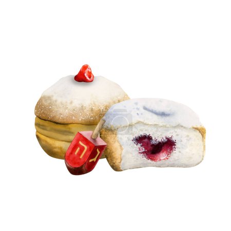Foto de Deliciosos donuts Hanukkah con dreidel rojo. Ilustración acuarela dibujada a mano aislada en blanco. Sufganiyot y Savivon. - Imagen libre de derechos
