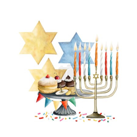 Foto de Mano dibujado Hanukkah símbolos de composición con estrellas de David. Fiesta judía Janucá menorá, donas, dreidel, Magen David - Imagen libre de derechos