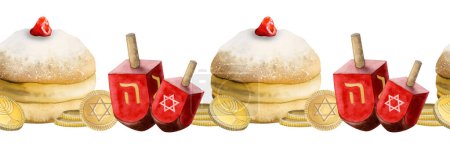 Photo for Hanukkah seamless border with traditional donuts, dreidels and coins watercolor illustration isolated on white background. Hand drawn Jewish sevivon, doughnuts, sufganiyot,. Chanukah pastry - Royalty Free Image