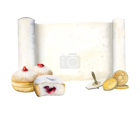 Photo for Hanukkah greeting card template with Torah scroll, traditional donuts, dreidel and coins watercolor illustration isolated on white background. Hand drawn Jewish sevivon and sufganiyot,. - Royalty Free Image