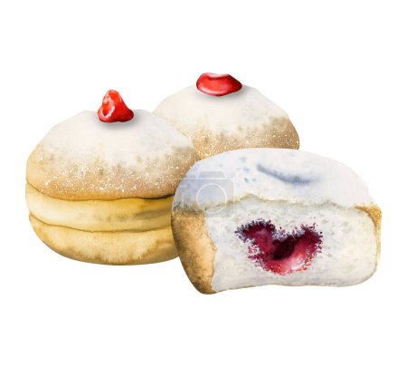 Photo for Watercolor donuts for Jewish Hanukkah holiday watercolor illustration isolated on white background. Hand drawn sufganiyot doughnuts with strawberry jam and jelly. - Royalty Free Image