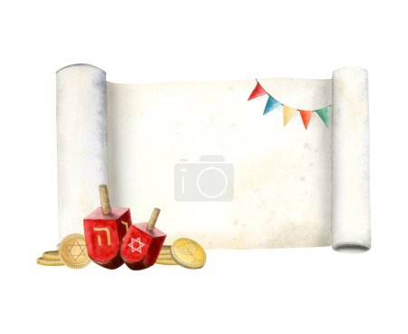Photo for Watercolor Hanukkah greeting card template with Torah scroll, dreidels, flags and coins illustration isolated on white background. Hand drawn Jewish sevivon and Chanukkah gelt. - Royalty Free Image