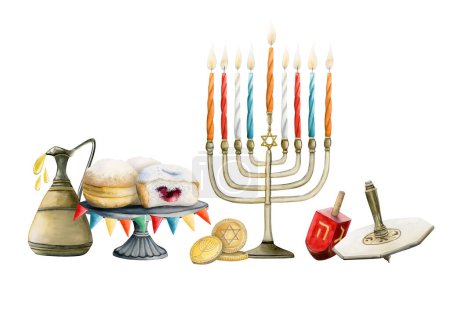 Foto de Fiesta judía símbolos de Janucá, ilustraciones de acuarela conjunto aislado en blanco. Menorá dibujada a mano, velas, rosquillas, jarra de aceite, monedas, dreidels - Imagen libre de derechos