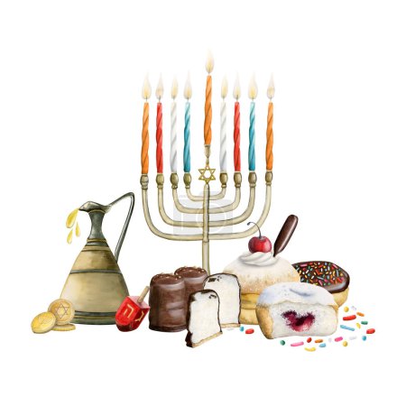 Photo for Hanukkah greeting card template composition with holiday symbols. Menorah, dreidel, donuts, candles, coins, olive oil jug, marshmallow on white background - Royalty Free Image