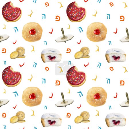Téléchargez les photos : Donuts Hanoukka et motif dreidel. Dessin à la main des symboles traditionnels juifs sur fond blanc. Une empreinte de beignets. Soufganiyot, gelt, dreidel, lettres hébraïques - en image libre de droit