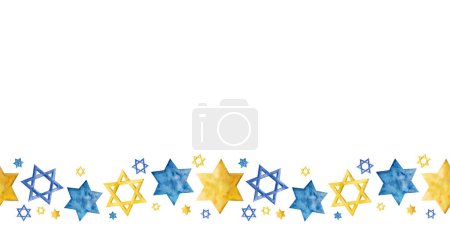 Foto de Banner de borde horizontal sin costura dibujado a mano para Hanukkah y días festivos judíos con estrellas de oro azul y amarillo de David, ilustración de acuarela para tarjetas de felicitación y diseño web - Imagen libre de derechos