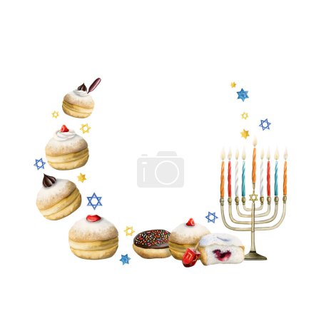 Photo for Hanukkah round frame design template with traditional Hanuka symbols. Menorah with candles, dreidel, donuts. Hand drawn watercolor illustration on white background for greeting cards, stickers, web designs - Royalty Free Image