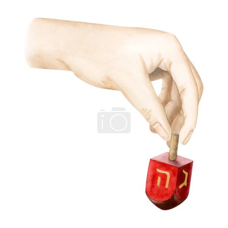 Photo for Watercolor Hand holding and playing with red wooden dreidel illustration isolated on white background. Hand drawn Jewish sevivon toy for Hanukkah holiday. - Royalty Free Image
