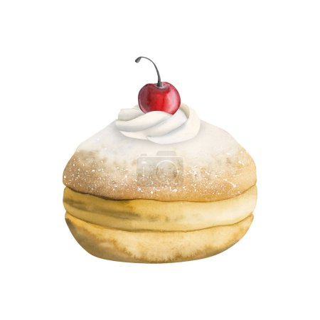 Photo for Hanukkah donut with sugar powder, whipped cream and a cherry on top. Hand drawn watercolor illustration of sweet dessert isolated on white background for Jewish holiday, party designs. - Royalty Free Image