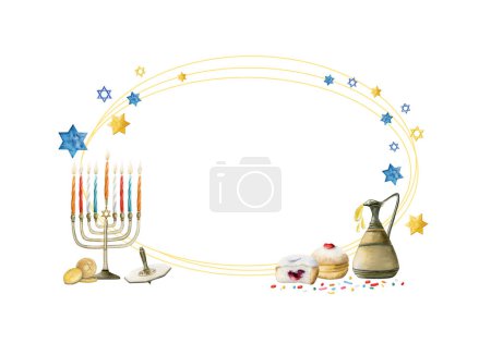 Photo for Happy Hanukkah banner template for holiday greeting design with menorah, sufganiyot donuts, dreidel. Watercolor drawing illustration - Royalty Free Image