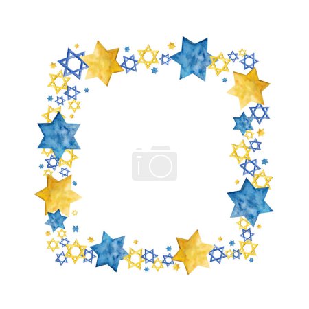 Téléchargez les photos : Cadre de frontière carrée juive avec des étoiles David dans les couleurs bleu et or jaune sur fond blanc. Aquarelle Hanoukka illustration de vacances - en image libre de droit