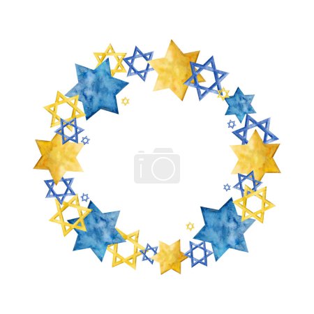 Téléchargez les photos : Etoiles aquarelle de David cadre cercle bleu et jaune pour les conceptions et les blogs de fêtes juives. - en image libre de droit