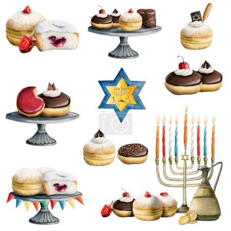 Foto de Hanukkah acuarela conjunto con coloridos símbolos dibujados a mano con menorá, donas, dreidel, monedas, aceite aislado sobre fondo blanco - Imagen libre de derechos