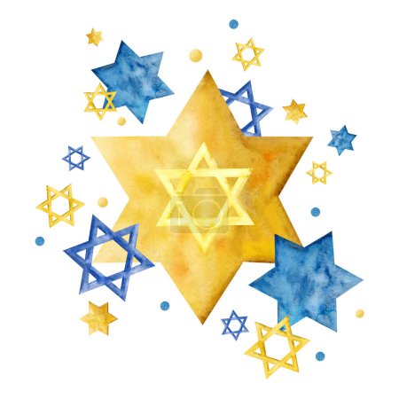 Foto de Acuarela estrellas azules amarillas de la composición de David. Ilustración judía dibujada a mano para Janucá, Purim y otros días festivos. Para Orgulloso de ser Judio o apoyar diseños Uktaine. - Imagen libre de derechos
