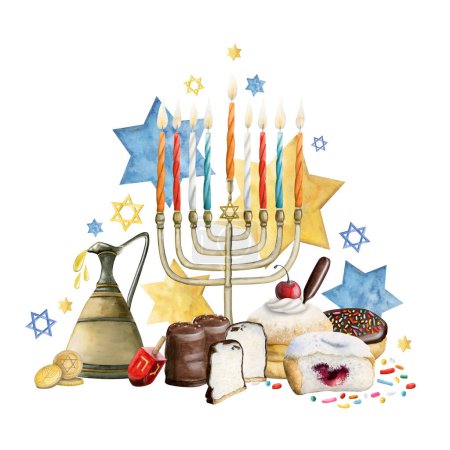 Téléchargez les photos : Hanoukka, fête juive des lumières aquarelle illustration avec des symboles de vacances - menorah, bougies, cruche d'huile d'olive, beignets, guimauve, dreidel, pièces, étoiles de David - en image libre de droit