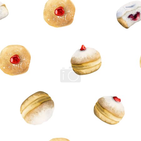 Photo for Hanukkah donuts watercolor seamless pattern of Jewish traditional holiday dessert on white background. Hand drawn sufganiyot. - Royalty Free Image