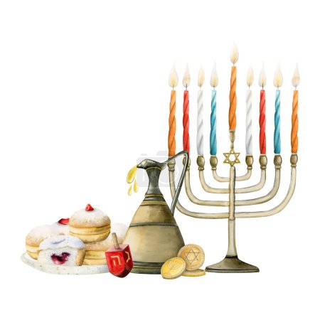 Foto de Acuarela Hanukkah banner plantilla ilustración aislada sobre fondo blanco con menorah con velas, dreidel, rosquillas tradicionales, sufganiyot, monedas gelt para saludos navideños. - Imagen libre de derechos