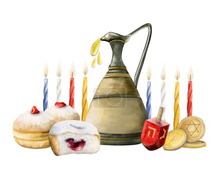 Photo for Hanukkah miracle horizontal banner watercolor illustration with jug of olive oil, candles, dreidel, traditional sufganiyot donuts and gold coins. - Royalty Free Image