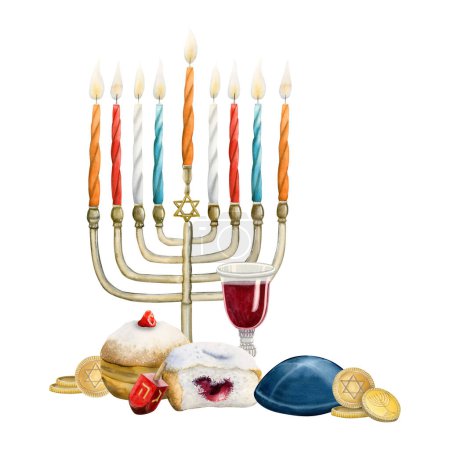 Photo for Hanukkah greeting banner watercolor illustration isolated on white background with menorah with candles, dreidel, traditional donuts, sufganiyot, coins, glass of wine and kippah for holiday greetings. - Royalty Free Image