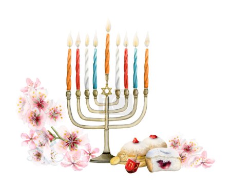 Foto de Floral Hanukkah banner acuarela ilustración aislada sobre fondo blanco con menorá hanukkiah con velas, dreidel, rosquillas tradicionales, sufganiyot y flores de almendras rosadas para saludos navideños. - Imagen libre de derechos