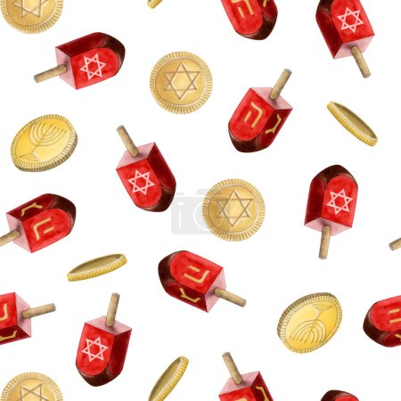 Photo for Watercolor Hanukkah dreidels and gold coins gelt seamless pattern on white background for Jewish holiday symbols, traditional sevivons. - Royalty Free Image