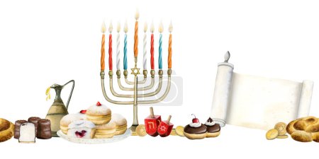 Photo for Hanukkah watercolor seamless horizontal border with holiday menorah, traditional sufganiyot donuts, dreidels, olive oil jug and Torah scroll. - Royalty Free Image